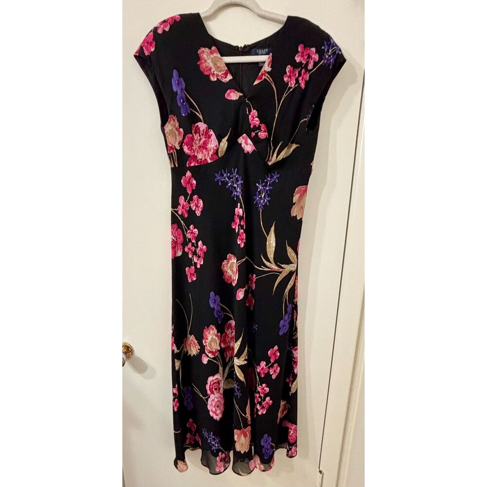 Chaps Georgette Empire Womens Size 12 Black & Floral Cap Sleeve Knee Midi Dress